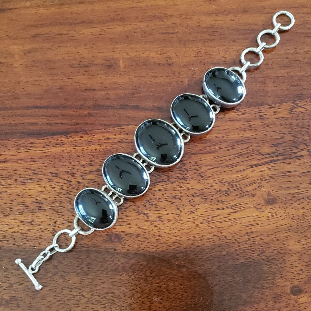 Vintage Sterling Silver Black Onyx Statement Bracelet Chunky Link 54g - Picture 3 of 11
